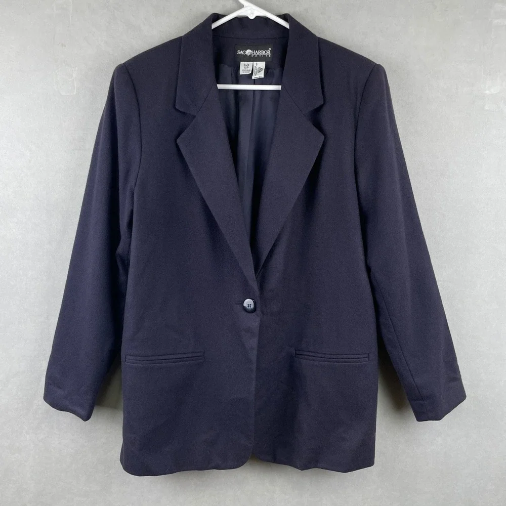 VTG Sag Harbor Petite Navy Blue 100% Wool Single Button Office Blazer Jacket 12P